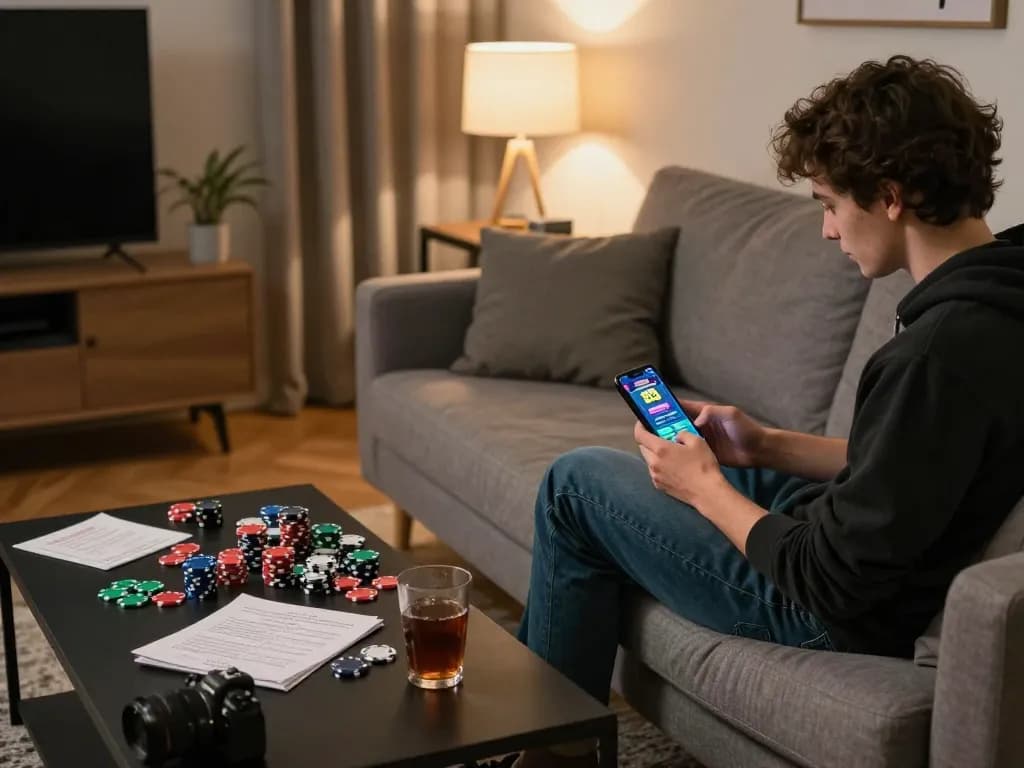 Playing depo 25 bonus 25 online casino game on smartphone in a cozy living room setting