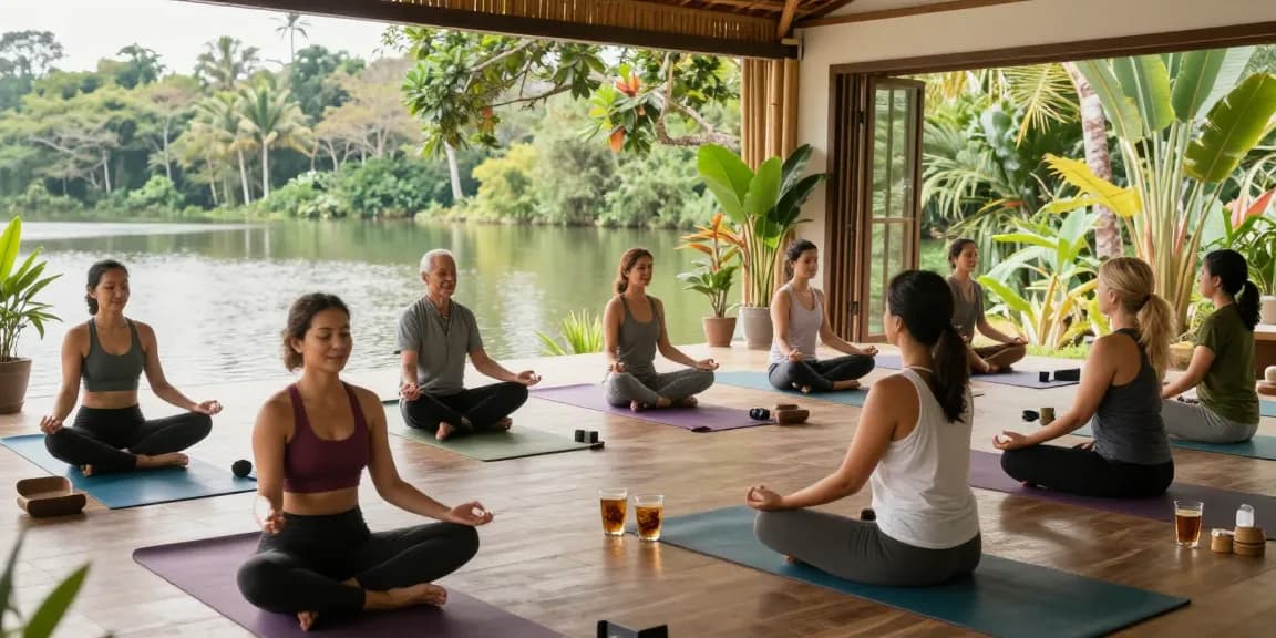 Yoga practitioners at Lanka Yoga retreat enjoying a peaceful session by the lake surrounded by nature.