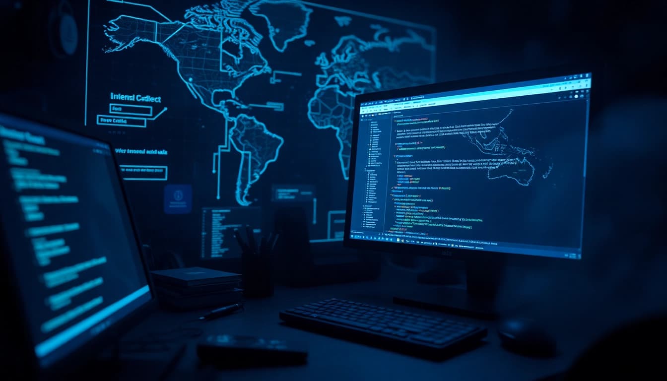 hidden wiki 2026 represented through a mysterious dark web workspace showcasing screens filled with .onion links and tech gadgets.