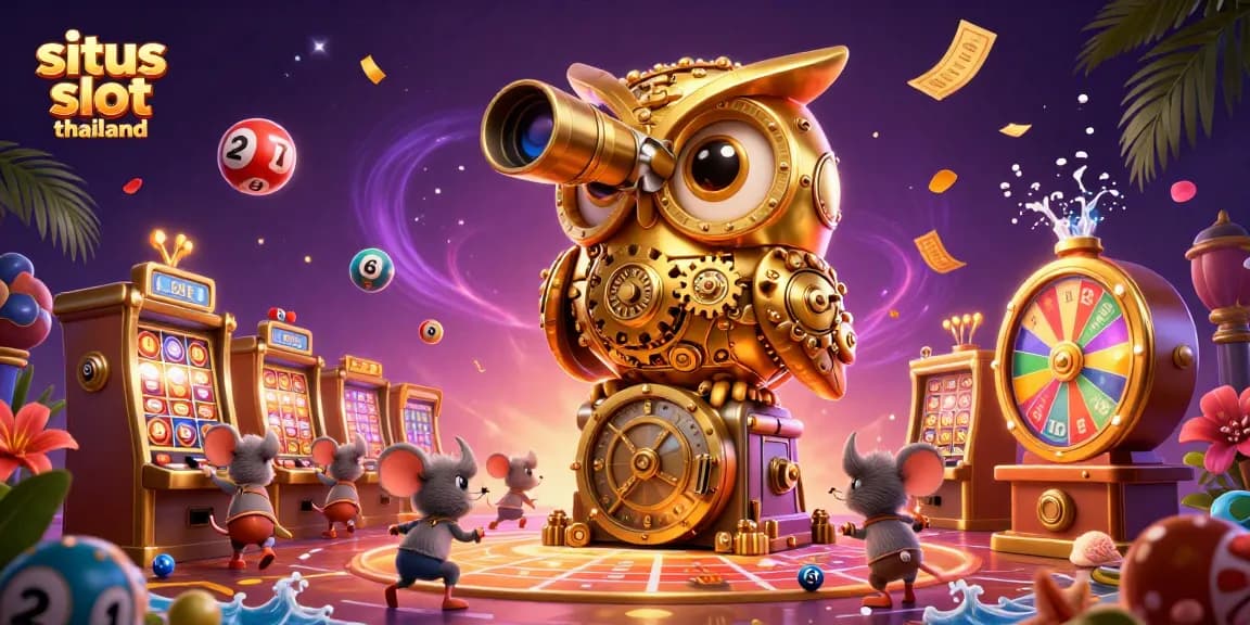 Situs slot thailand showcases a vibrant casino scene with a golden owl and wind-up mice, surrounded by dynamic gaming elements.