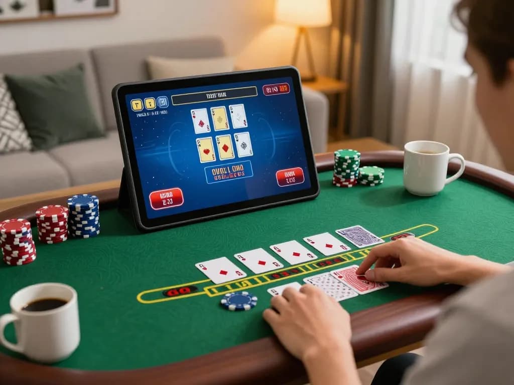 Casual player enjoying casino senza registrazione blackjack on a tablet in a cozy home setting.