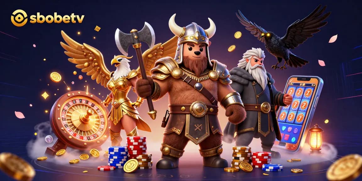 Engage with sbobetv in dynamic gaming scenes including Viking warrior and eagle amidst golden coins.