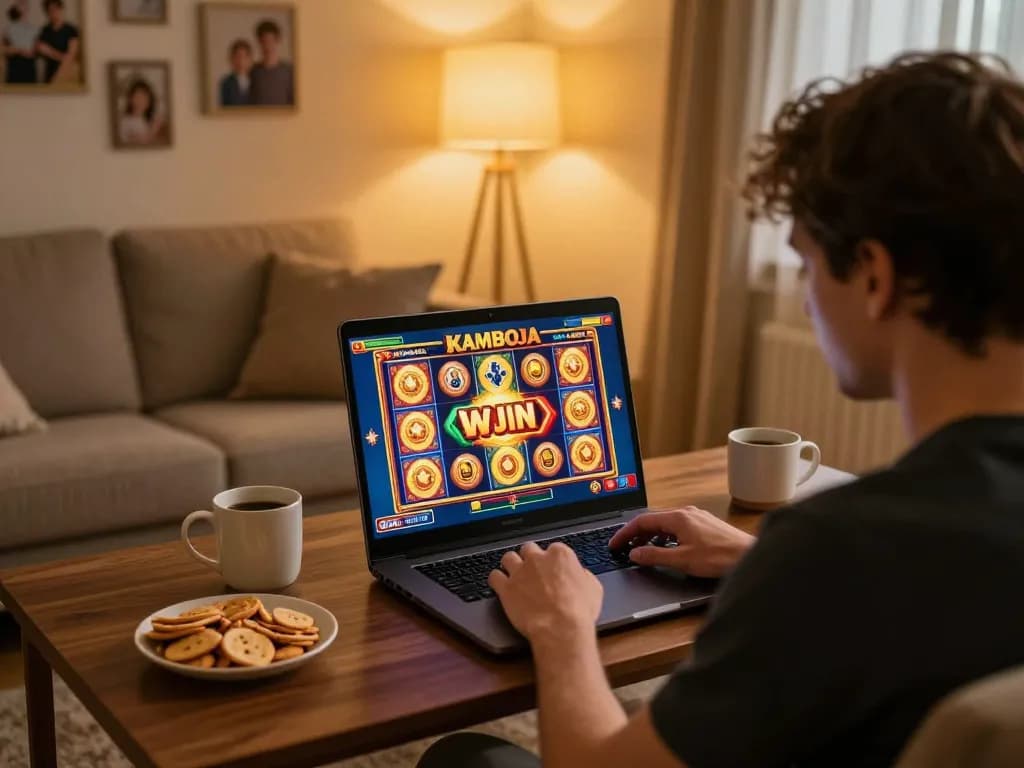 Kamboja slot game displayed on laptop during an exciting online gaming session at home