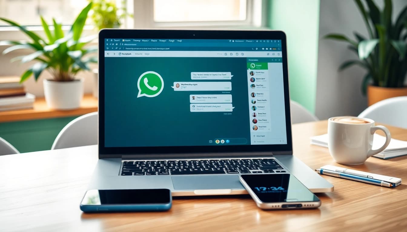 在现代工作区笔记本上显示消息的 WhatsApp Web 界面，强调无缝沟通。