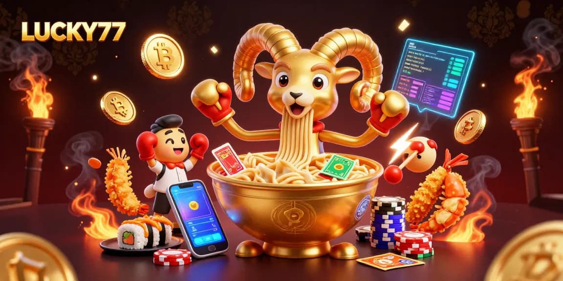 LUCKY77 showcases a vibrant casino scene with a golden ramen bowl dealer, dynamic gambling elements, and energetic characters.