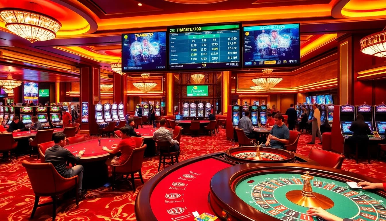 Players enjoying thrilling games at Thabet77's luxurious casino.