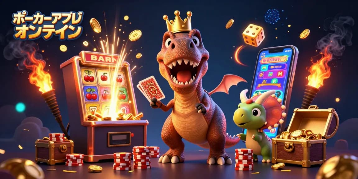 ポーカーアプリ オンラインの楽しいシーンを描いた 3D イラストで、ポーカーチップやスロットマシンが盛りだくさんの賑やかな環境。イラストに楽しむ場面を表現。