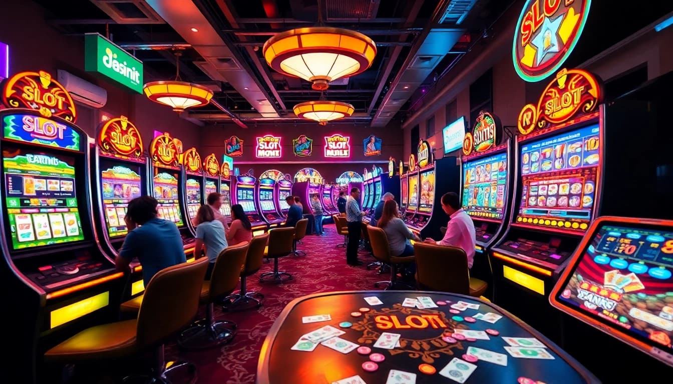Menggambarkan permainan slot depo 1k yang enerjik dengan mesin slot berwarna-warni dan pemain yang antusias.