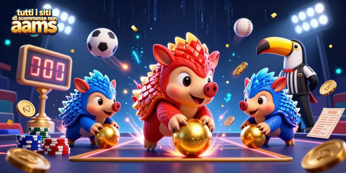 Scopri tutti i siti di scommesse non AAMS con una scena vibrante di pangolini in azione e palloni sportivi volanti.