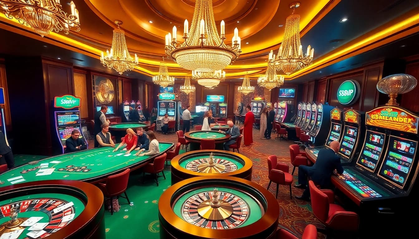 S88vip patrons enjoying an upscale casino atmosphere with vibrant gaming tables and slot machines.