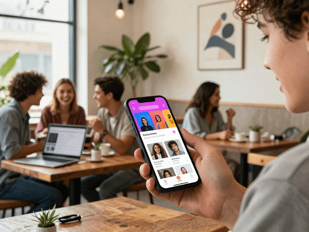 Young person exploring crush on dating app in a cozy café with friends.