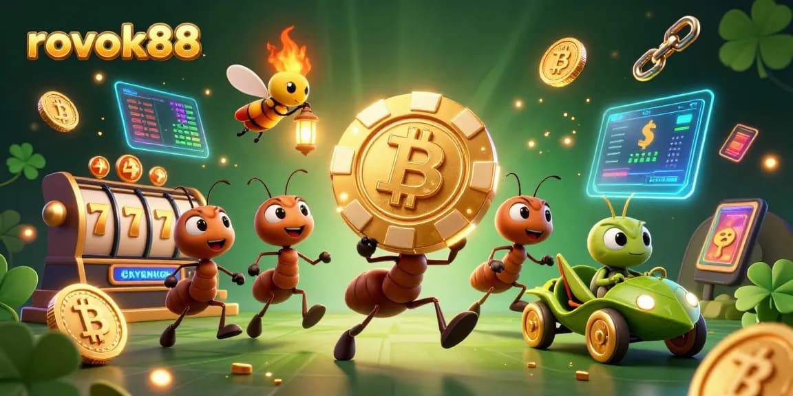 Experience the thrill of rokok88 with animated ants heisting a gigantic poker chip amidst vibrant casino elements.