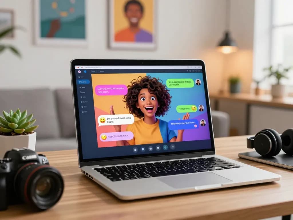 Engaging ai chat porn interactions with vibrant avatars in a modern home office.