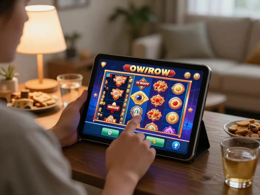 Engaging with a situs slot game interface on a tablet at home, expressing excitement.