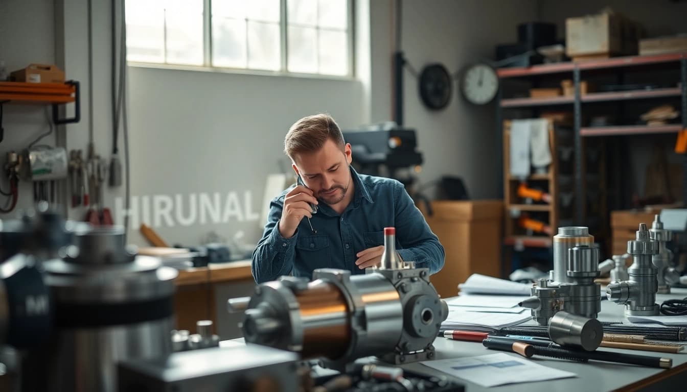 Engineer inspecting custom hydraulic equipment components in a bright workshop.