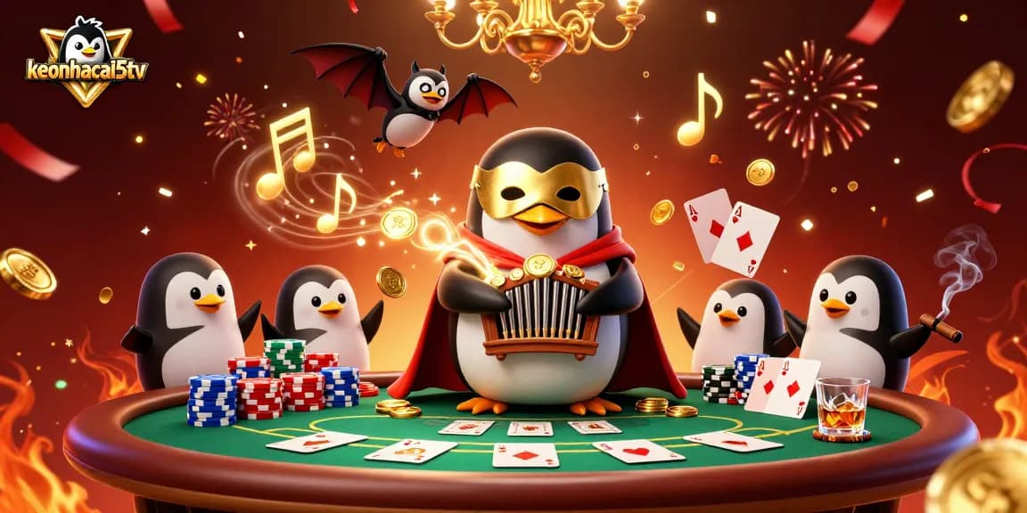 Experience thrilling wins with keonhacai5tv and the dynamic casino scene of a penguin playing the organ.