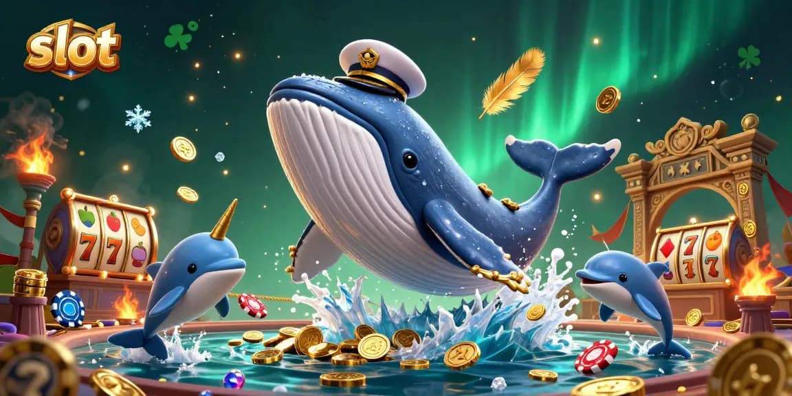 Spin the reels with a vibrant slot-themed scene featuring a playful whale and dolphins.