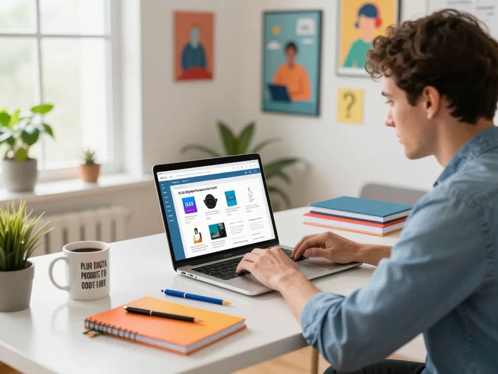 Entrepreneur reviewing PLR Digital Products for Sale in a vibrant home office