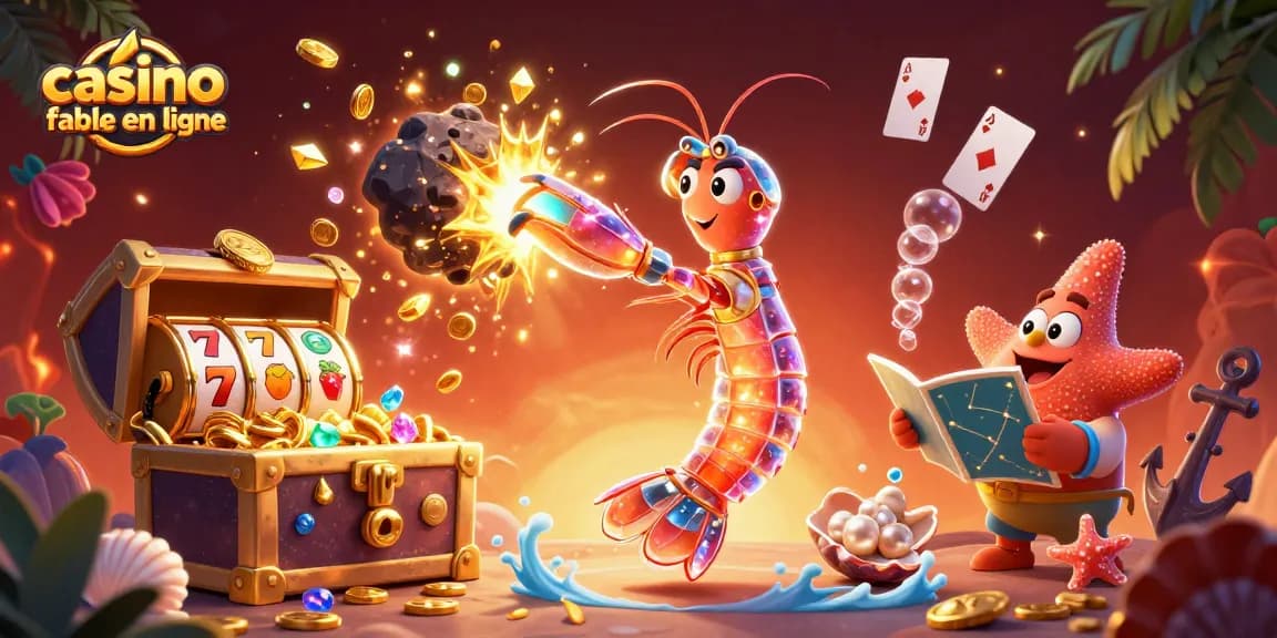 Illustration dynamique d'un casino fiable en ligne avec personnages de jeux, pièces d'or et éléments marins.