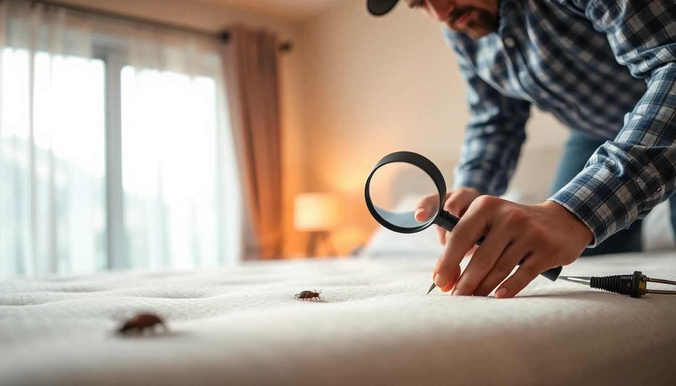 Engaging image of expert bed bug services near me focusing on inspection in a clean bedroom.