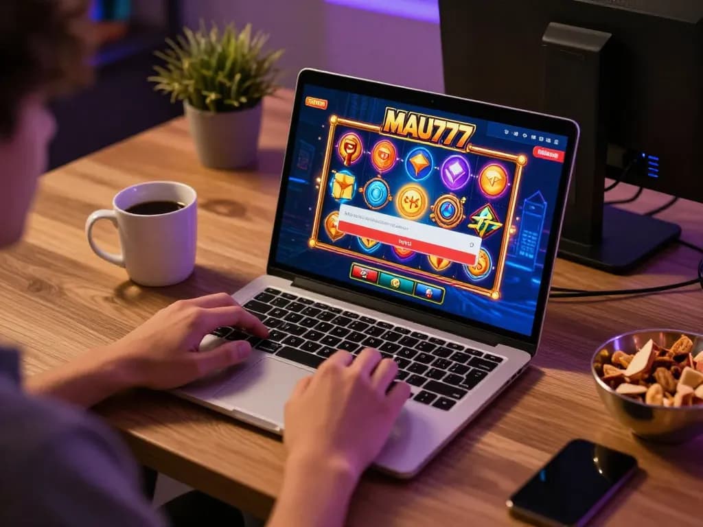 Logging into MAU777 for exciting slot gaming experience in a cozy online setup.