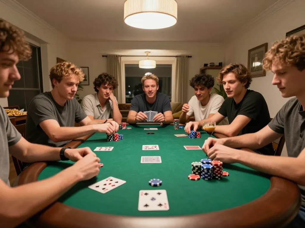 Friends enjoying a lively poker game at home, showcasing sunwinapk excitement with vibrant chips and cards.