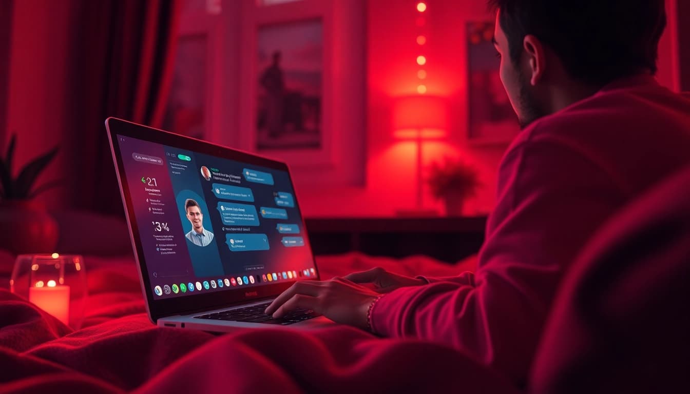 Engaging user in intimate conversation with sex chat ai in a cozy digital environment.