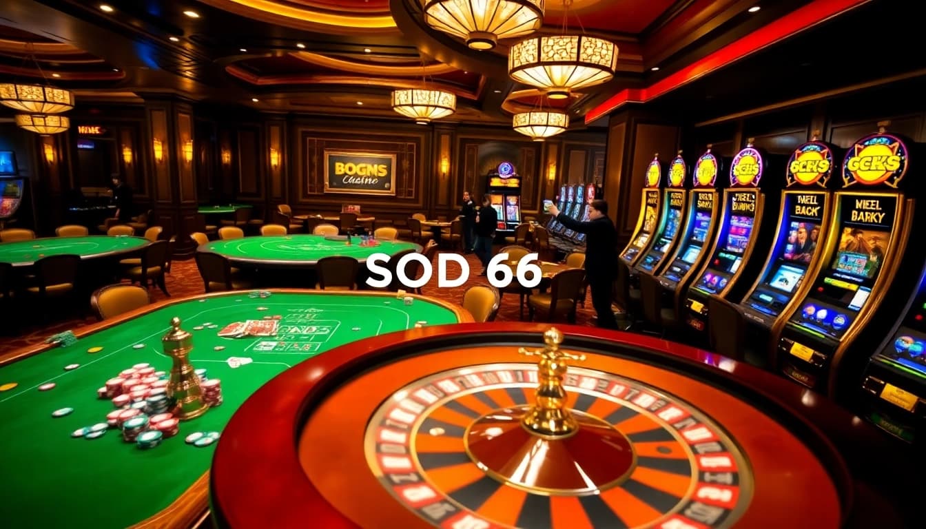 SODO66 players enjoying casino games, with vibrant slot machines and a roulette wheel highlighting excitement.