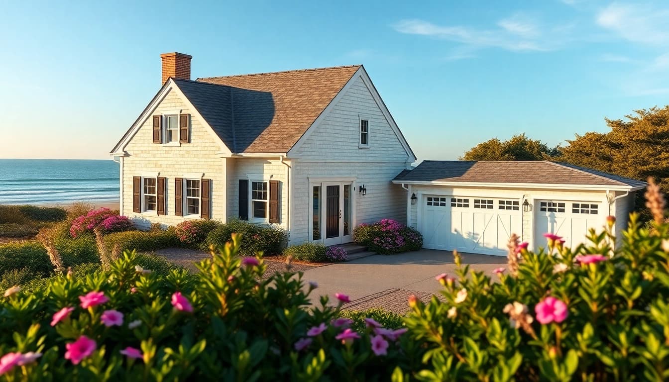 Stunning cape cod home with attached garage against a serene coastal backdrop.