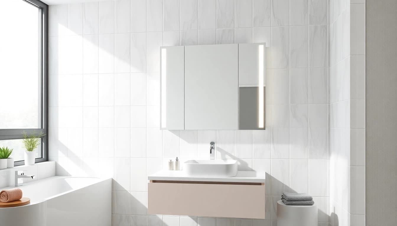 Spiegelschrank led mit moderner Beleuchtung im eleganten Badezimmer