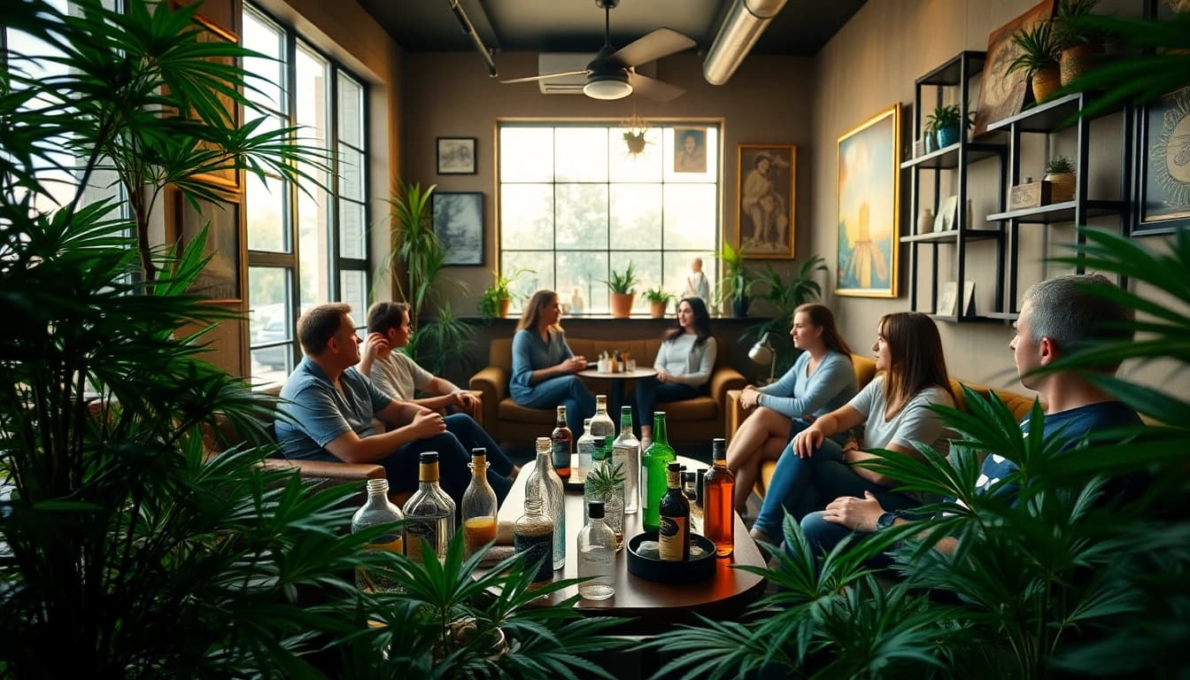 Visiting Cannabis Clubs Lloret De Mar in a cozy lounge filled with lush greenery.