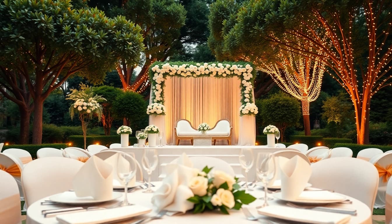 Stunning wedding & event rentals in a garden with white decor and golden lighting.