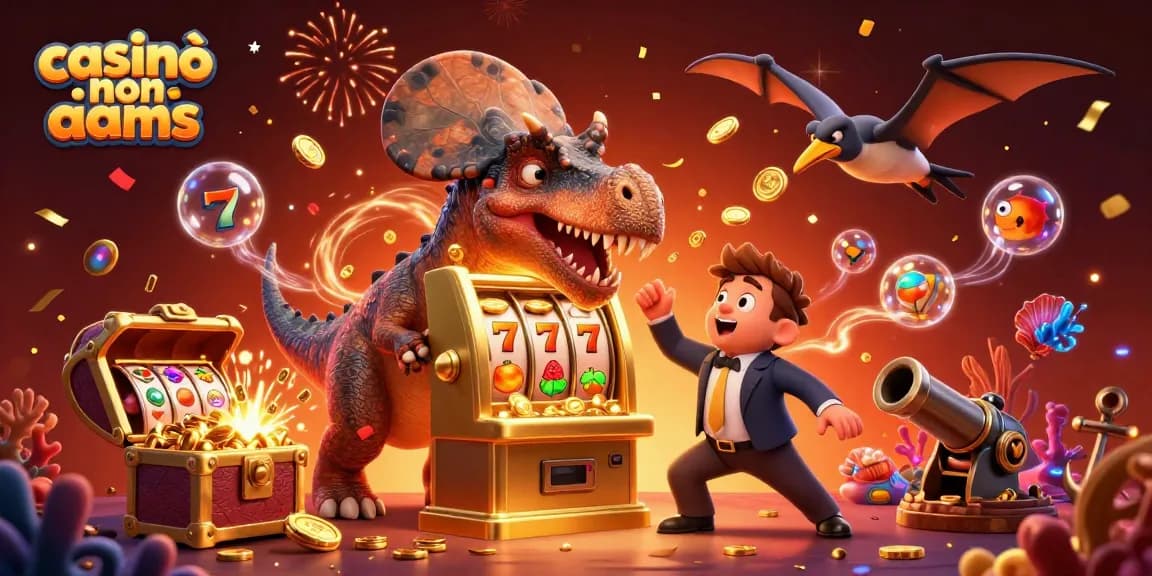 Casinò non AAMS con un pachycephalosaurus che colpisce una slot machine dorata per jackpot, manager e pteranodon collezionano monete d'oro.