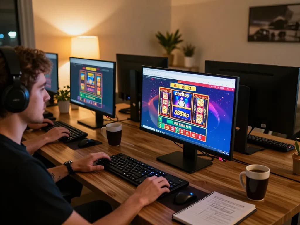 Engaging online gaming scene at 888top featuring live dealer games and vibrant slot graphics