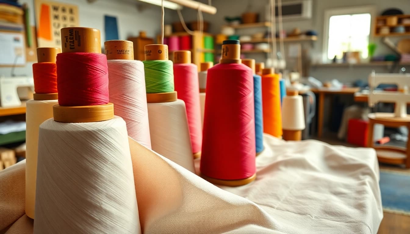 Katoen stoffen in een kleurrijke werkplaats met verschillende texturen.