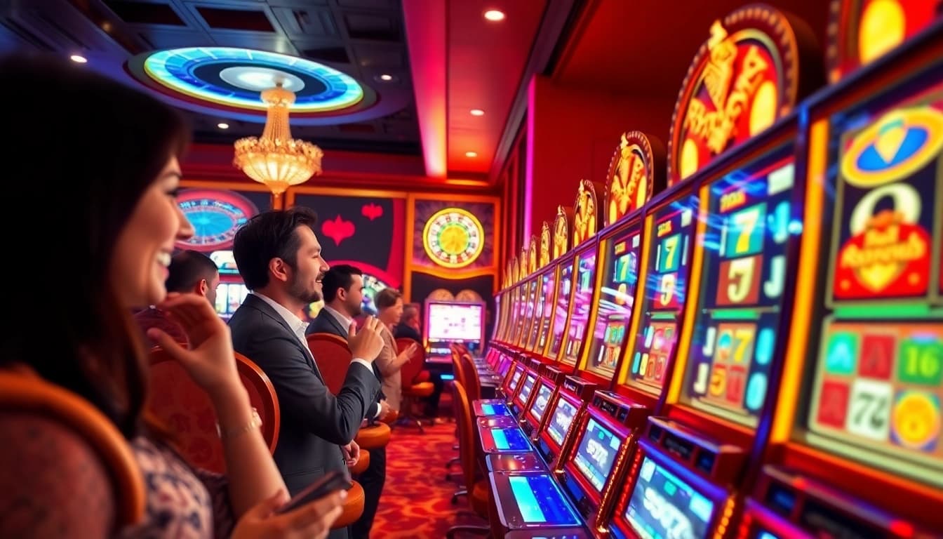 Pemain menikmati sensasi permainan slot Depo 5K dalam suasana kasino mewah.