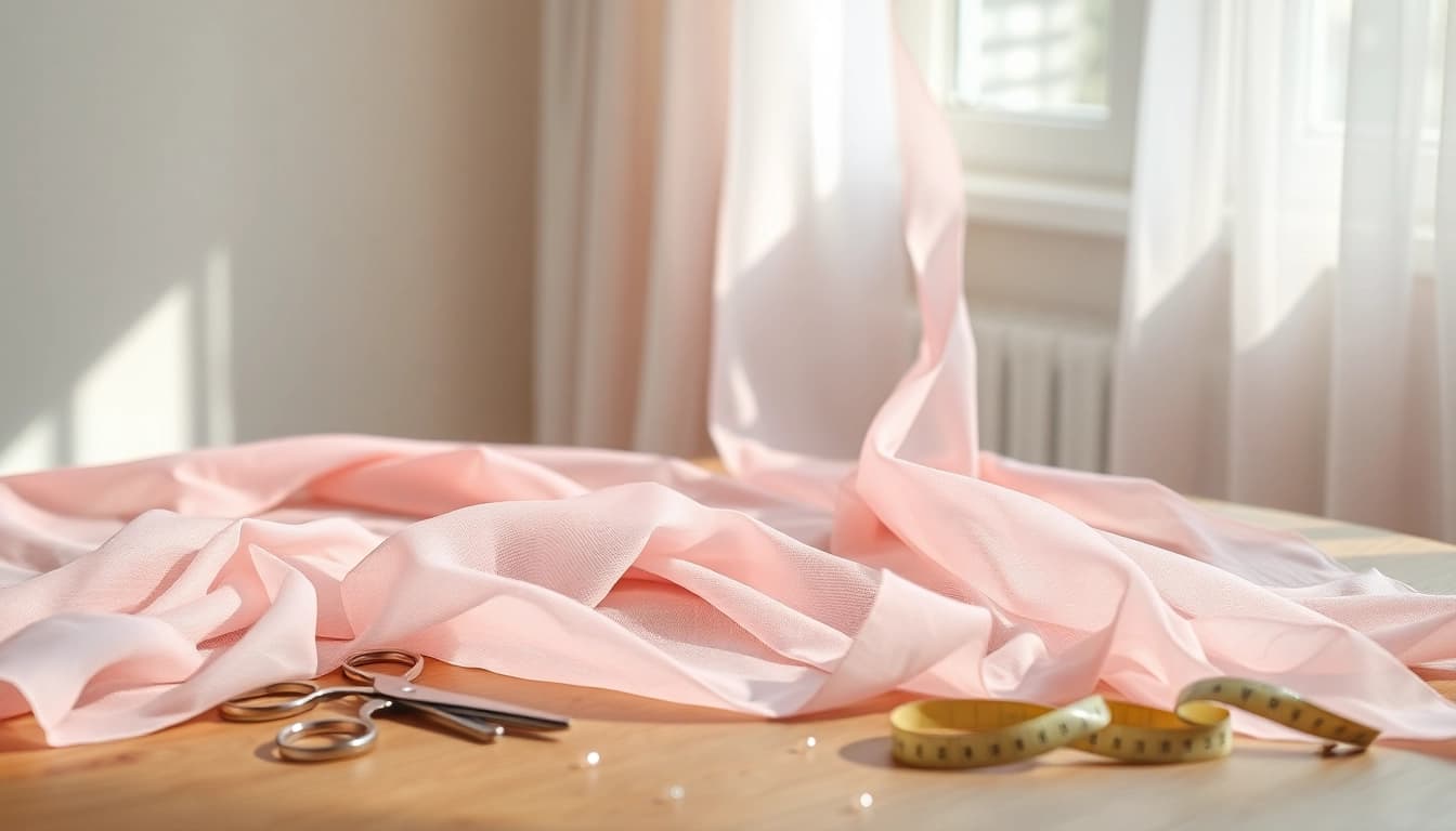 Mousseline stof prachtig draperend op een houten tafel met naaigereedschappen.