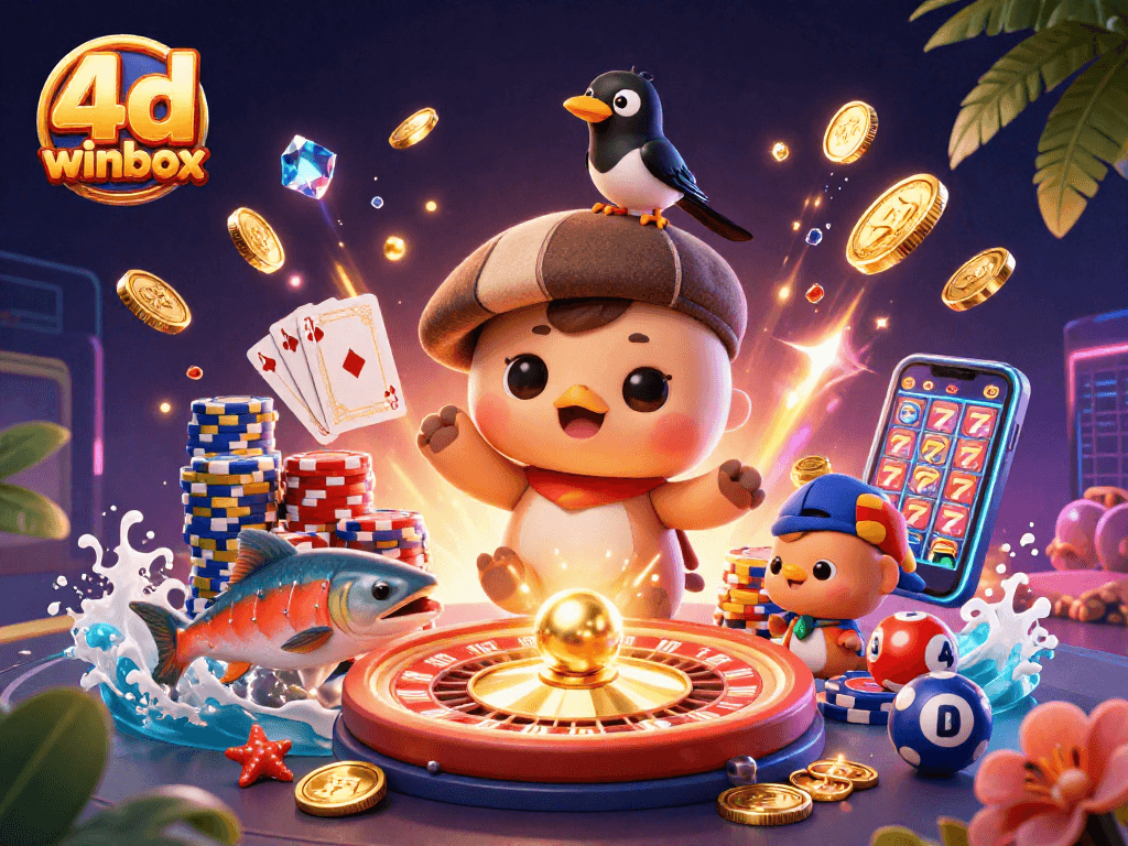 Experience the thrill of 4D winbox lottery with adorable characters and vibrant casino elements.