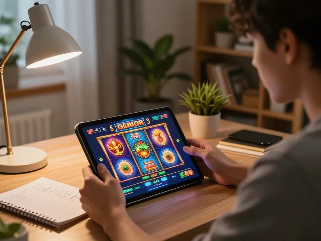 Pemain berinteraksi dengan permainan slot gacor di tablet di rumah, menunjukkan permainan strategis dalam suasana yang nyaman.