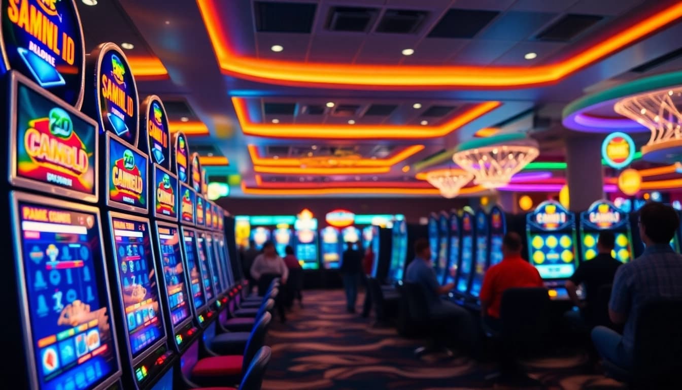Menampilkan keseruan bermain slot depo 1000 di dalam kasino yang bergairah.