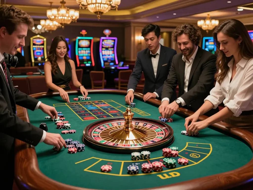 Engaging moment at a casino senza licenza adm with players betting at an elegant roulette table.
