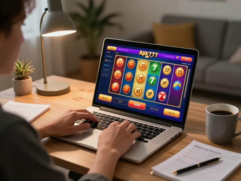 Engaging with Apk Slot 777 gameplay on a laptop in a cozy home environment.