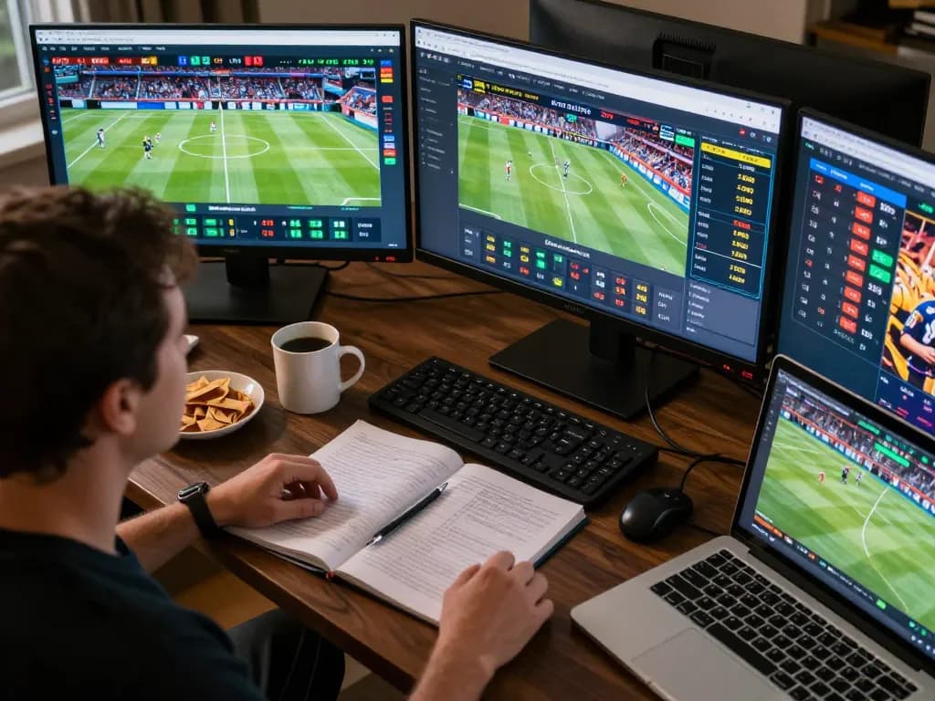 Siti scommesse stranieri: Engaging in sports betting at home with multiple screens showing live odds and events.