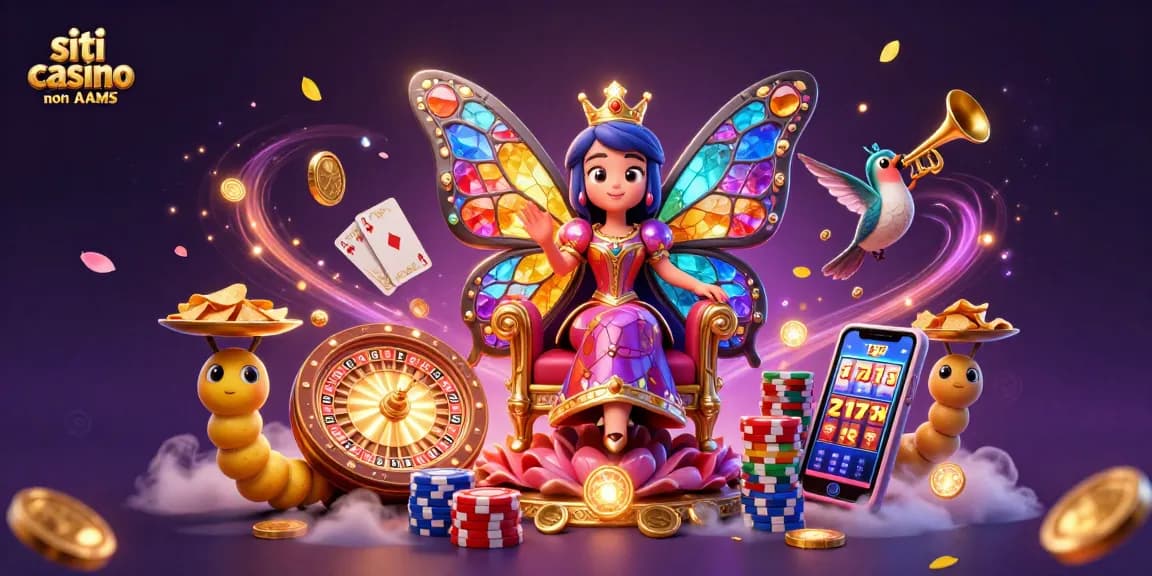Scopri i siti casino non AAMS con un'illustrazione di una regina farfalla colorata e elementi del gioco d'azzardo.