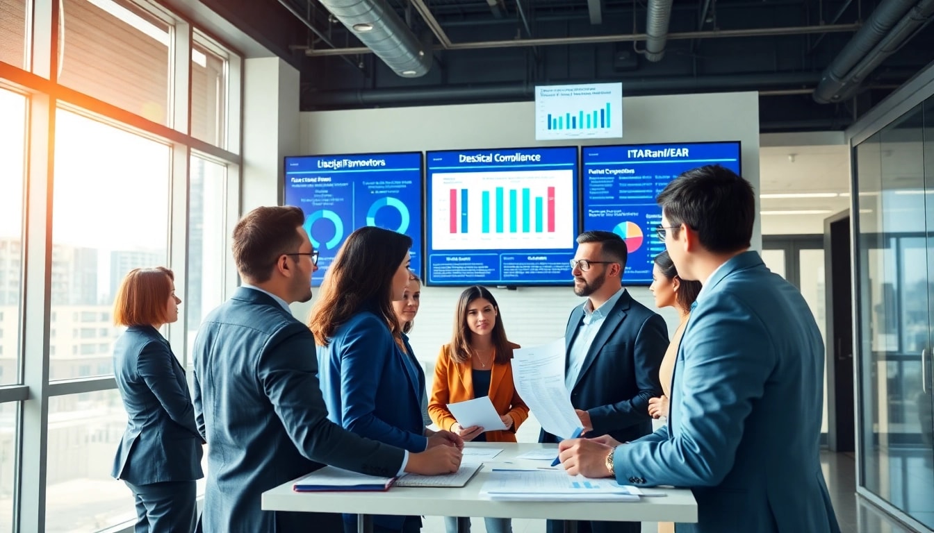 Consultants discussing FCPA/DCAA/Flowdown/ITAR/EAR compliance strategies with digital screens.