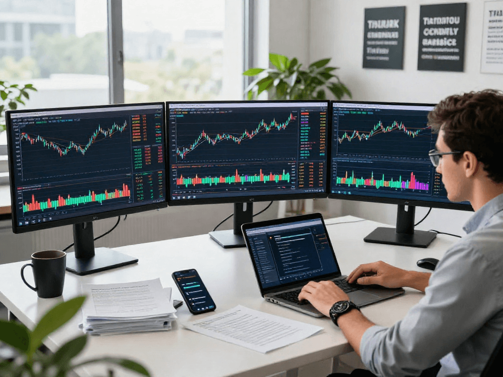 Trader using TradingView to analyze multiple charts in a modern office environment.