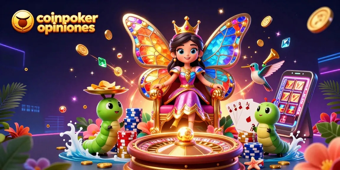 Scopri le coinpoker opinioni in un'illustrazione colorata di casinò con poker e cripto.