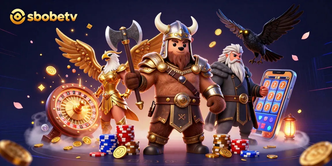 Engage with sbobetv in dynamic gaming scenes including Viking warrior and eagle amidst golden coins.