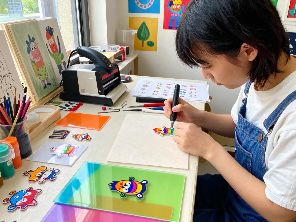 Custom acrylic charms in vibrant workshop, artist designing unique pieces with colorful materials and tools.