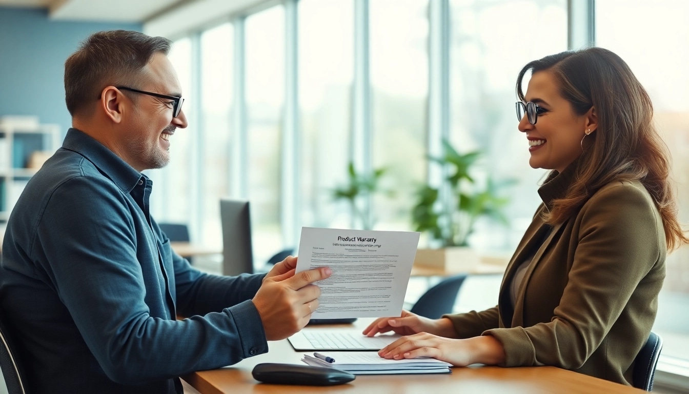 Visualizing no hassle warranty claims with a friendly representative assisting a customer in a bright office.